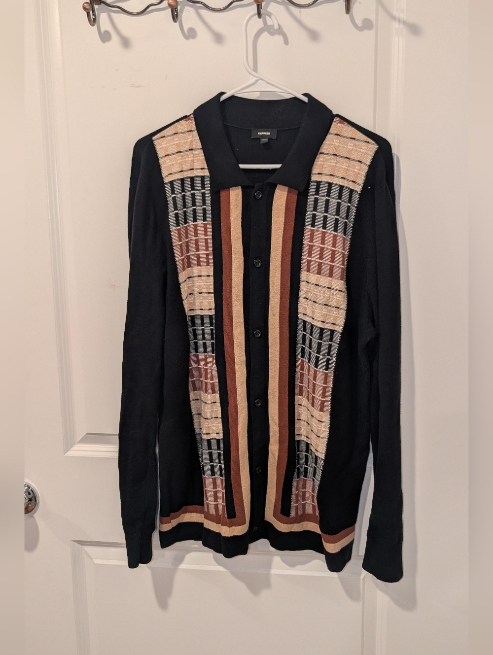 Men's Long Sleeve Black Brown Striped Collar Knit Grandpa Style Shirt